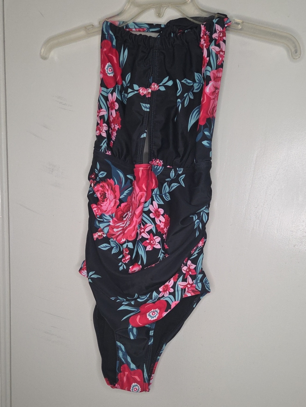 Black Floral One-Piece Swimsuit with Pink Rose Print